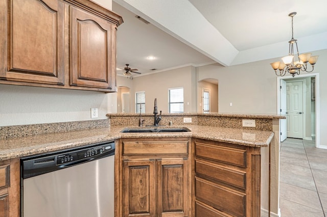 kitchen with ceiling fan with notable chandelier, sink, kitchen peninsula, light tile patterned floors, and stainless steel dishwasher