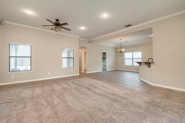 unfurnished room with tile patterned flooring, ceiling fan with notable chandelier, and ornamental molding