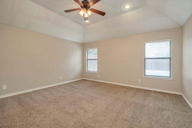 unfurnished room with carpet floors, vaulted ceiling, a tray ceiling, and a healthy amount of sunlight