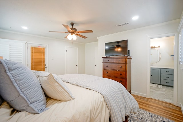 3000 Sentinel Ave, Midland, TX 79701 - bedroom with light wood-type flooring, crown molding, recessed lighting, ensuite bathroom, and ceiling fan