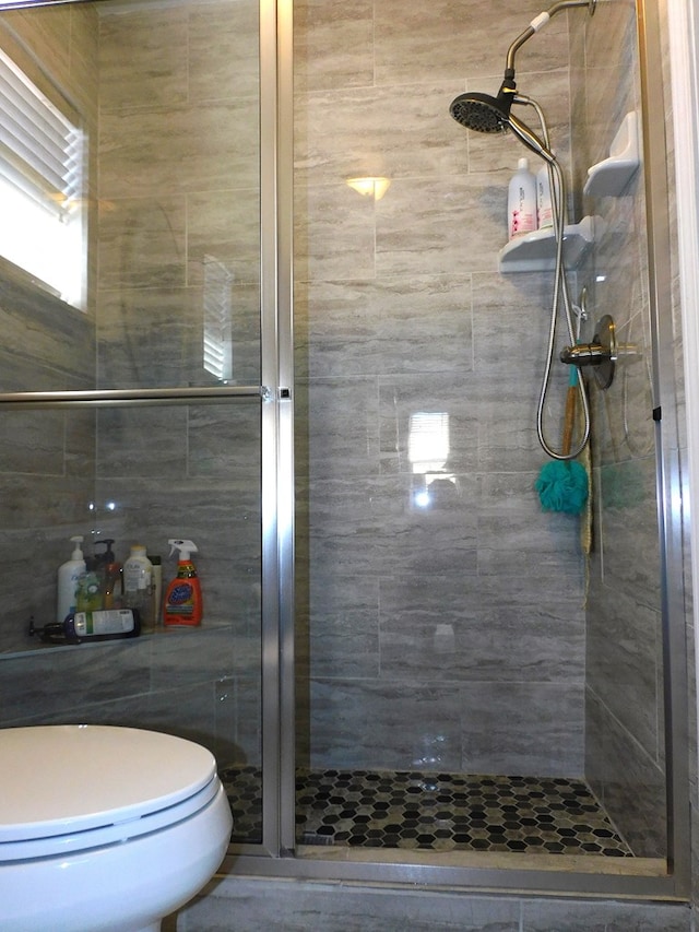 bathroom with toilet and an enclosed shower