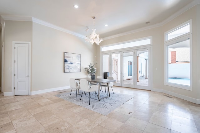 unfurnished dining area with a notable chandelier and crown molding