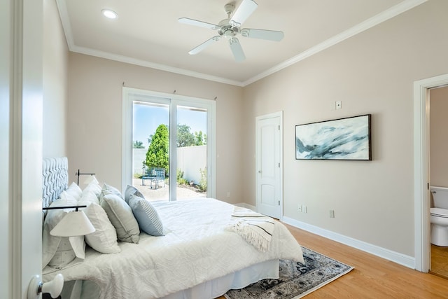 bedroom featuring access to outside, ceiling fan, wood-type flooring, and ornamental molding