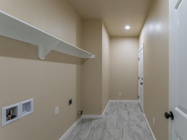 laundry room with hookup for an electric dryer, laundry area, washer hookup, baseboards, and marble finish floor