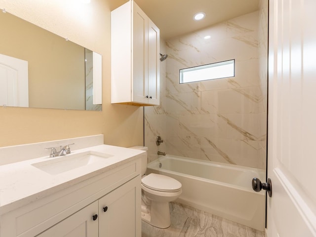 bathroom with shower / bathing tub combination, toilet, marble finish floor, vanity, and recessed lighting