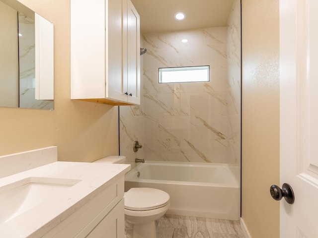 bathroom with toilet, recessed lighting, vanity, marble finish floor, and washtub / shower combination