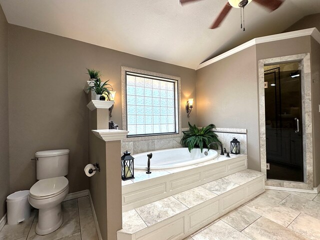 3320 Lancewood Ln, Odessa, TX 79762 - ensuite bathroom with lofted ceiling, ceiling fan, double vanity, a skylight, and recessed lighting