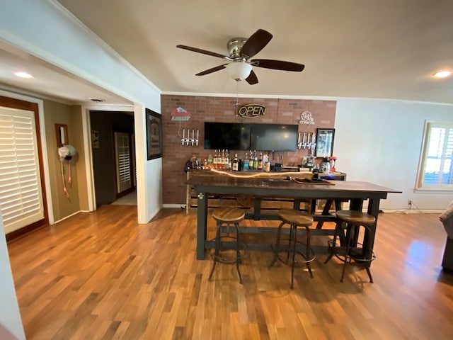 dining area with hardwood / wood-style floors, ceiling fan, crown molding, and bar area