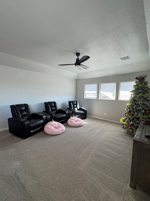 interior space featuring ceiling fan, carpet flooring, and a textured ceiling