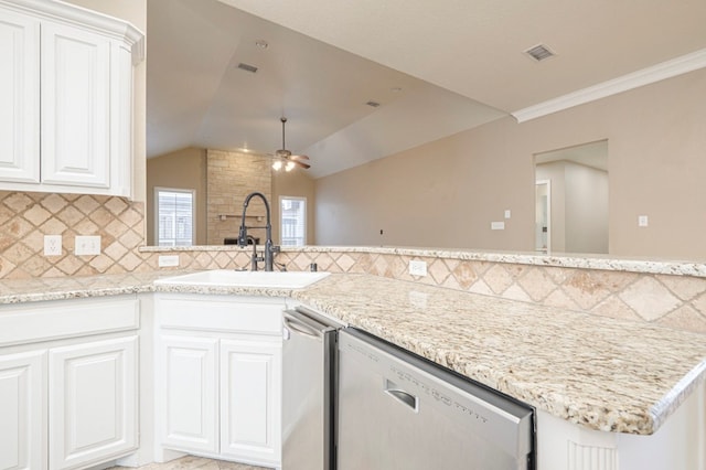 kitchen featuring white cabinetry, dishwasher, sink, and ceiling fan