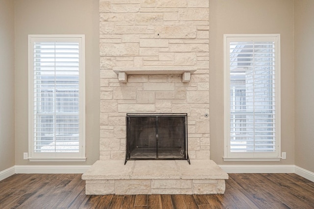 room details with wood-type flooring and a stone fireplace