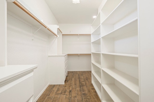 walk in closet with dark hardwood / wood-style floors