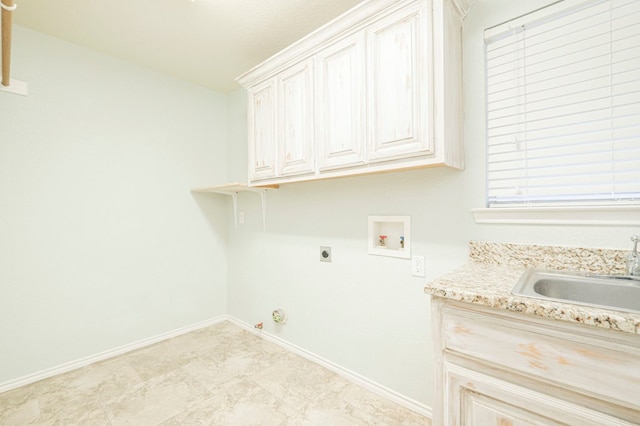 laundry room featuring sink, gas dryer hookup, cabinets, hookup for a washing machine, and electric dryer hookup