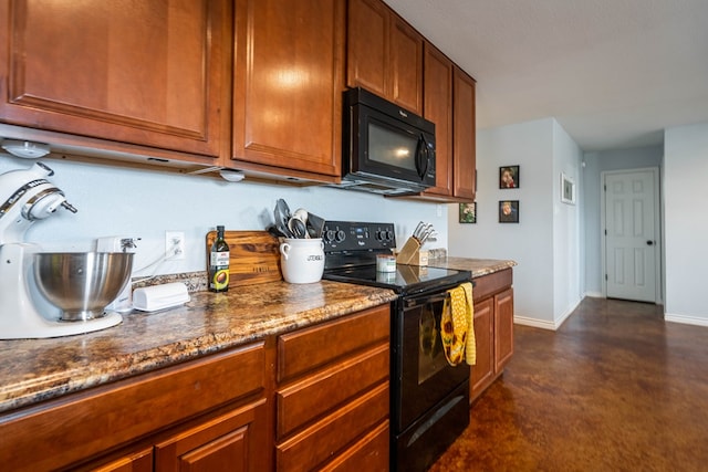 kitchen with baseboards, concrete floors, dark stone countertops, and black appliances