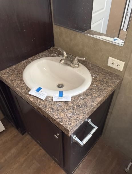 bathroom with hardwood / wood-style floors and vanity