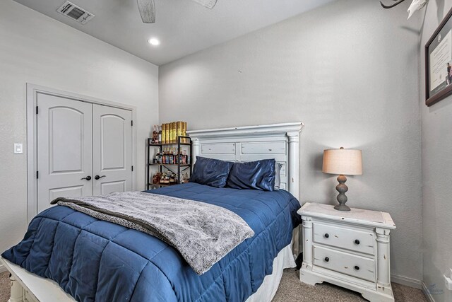 carpeted bedroom with recessed lighting, ceiling fan, and baseboards