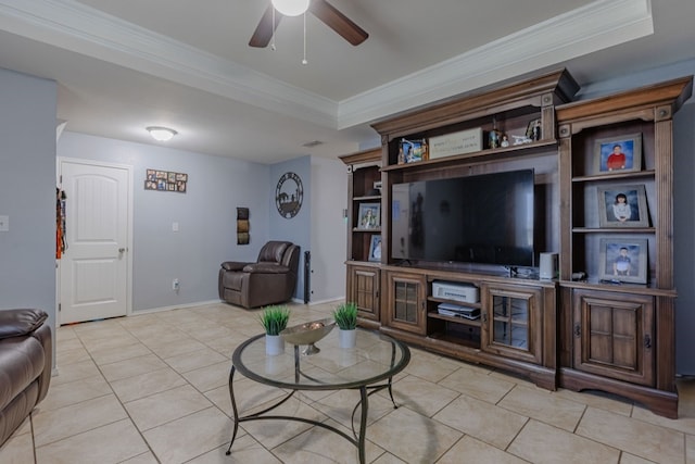 1004 Jefferson St, Odessa, TX 79761 - living area with a tray ceiling, a ceiling fan, light tile patterned floors, crown molding, and baseboards
