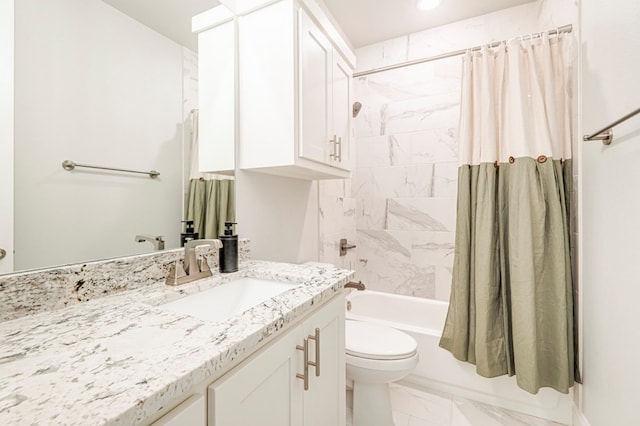bathroom featuring vanity, toilet, shower / bath combination with curtain, and marble finish floor