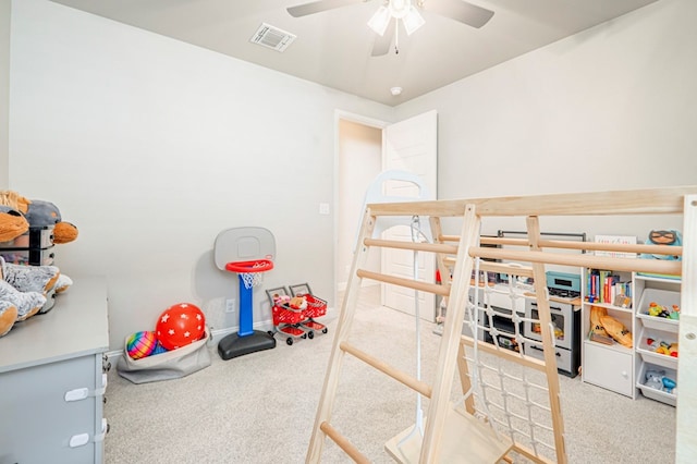 bedroom featuring baseboards, visible vents, a ceiling fan, and carpet flooring