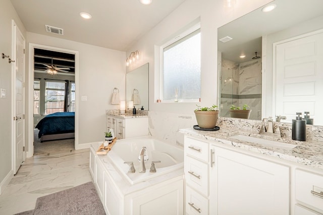 full bath featuring visible vents, a marble finish shower, recessed lighting, a garden tub, and marble finish floor