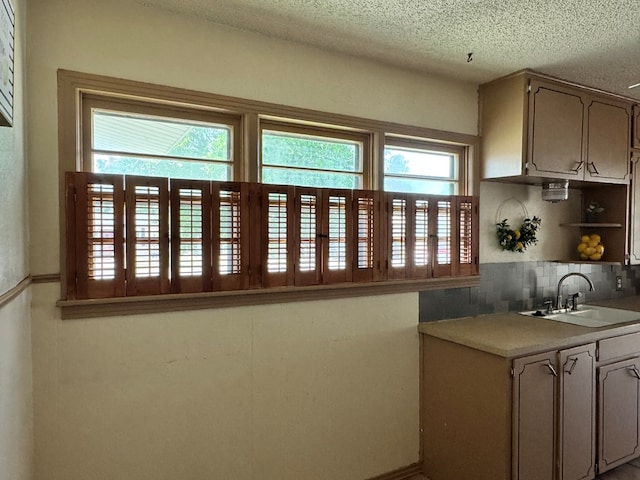 2203 40th St, Snyder, TX 79549 - kitchen featuring healthy amount of natural light, a sink, backsplash, a textured ceiling, and light countertops