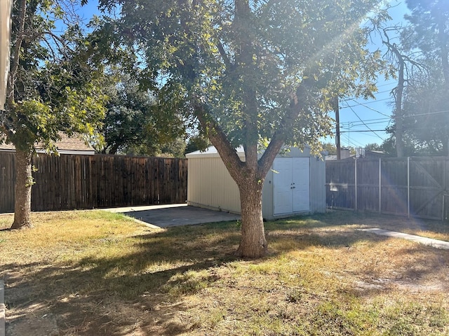 view of yard featuring a patio area and a storage shed