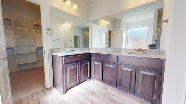 bathroom with double vanity, a spacious closet, wood finished floors, and a sink