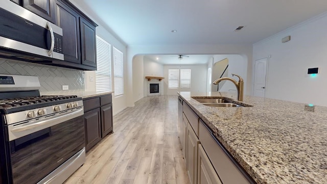 kitchen with light stone countertops, a sink, appliances with stainless steel finishes, a glass covered fireplace, and light wood-type flooring