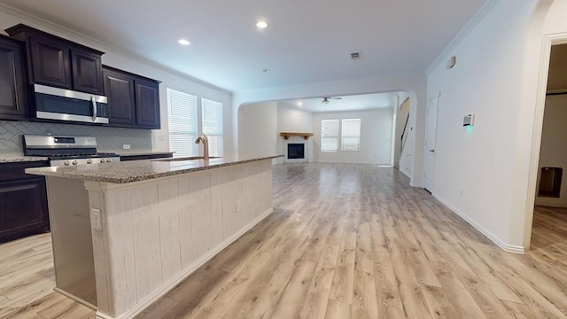 kitchen featuring decorative backsplash, light stone countertops, appliances with stainless steel finishes, and a fireplace