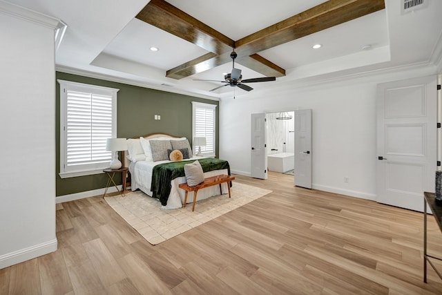 bedroom with light wood-style floors, visible vents, baseboards, and coffered ceiling