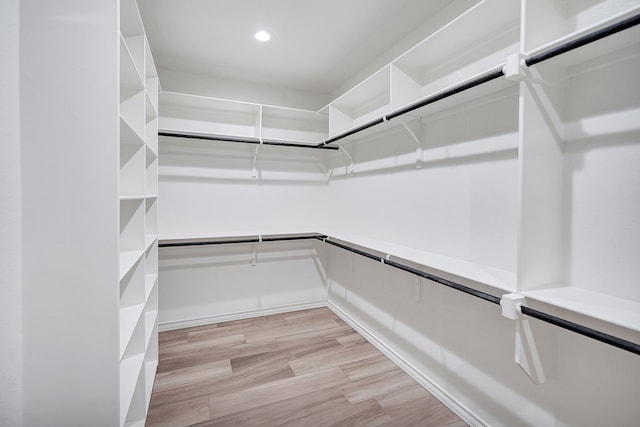 walk in closet with light wood finished floors