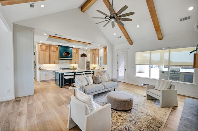 living room with high vaulted ceiling, beam ceiling, light wood-type flooring, and visible vents