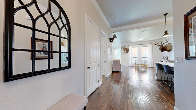 1202 Stonefield Dr, Midland, TX 79706 - corridor featuring crown molding, dark wood-style flooring, and baseboards