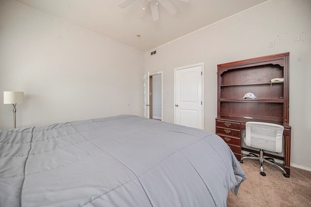 bedroom featuring light carpet and ceiling fan