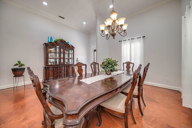 dining room with a notable chandelier and crown molding