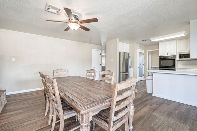 2006 Ward St, Midland, TX 79705 - dining room with visible vents, a ceiling fan, a textured ceiling, and dark wood-style floors