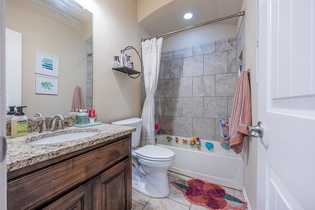 bathroom with a textured wall, shower / bathtub combination with curtain, toilet, and vanity