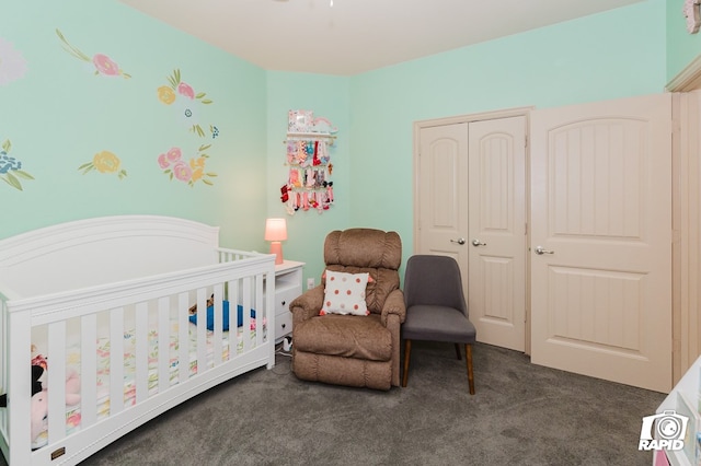 carpeted bedroom with a nursery area and a closet