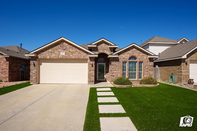 ranch-style house featuring a front lawn, concrete driveway, brick siding, and an attached garage