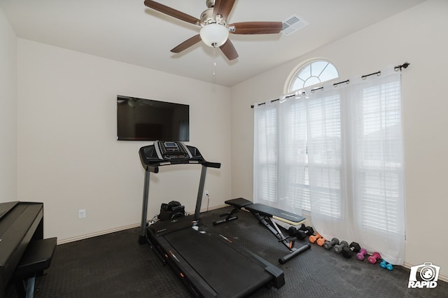 workout area with ceiling fan, visible vents, and baseboards