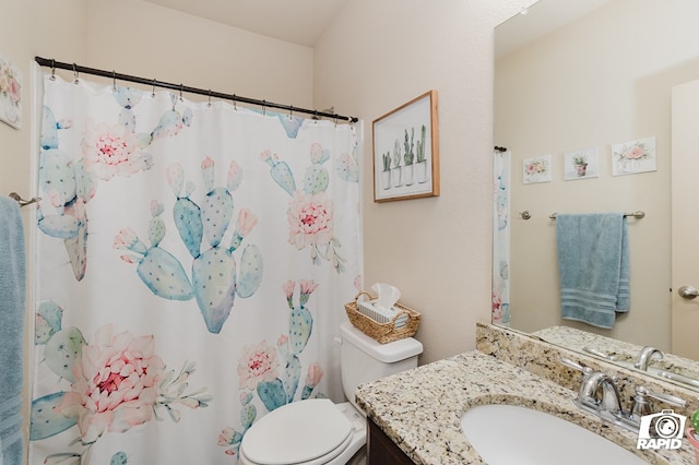 full bathroom featuring toilet, a shower with shower curtain, and vanity