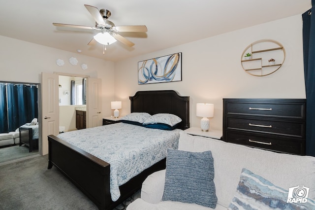 carpeted bedroom with ceiling fan