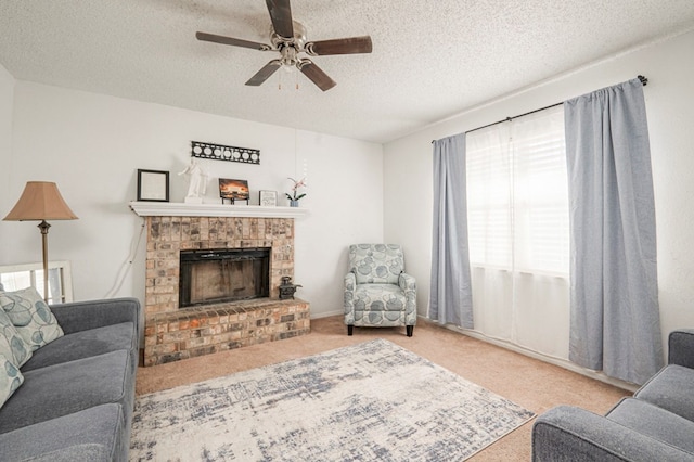 living room featuring light carpet, a brick fireplace, and a textured ceiling