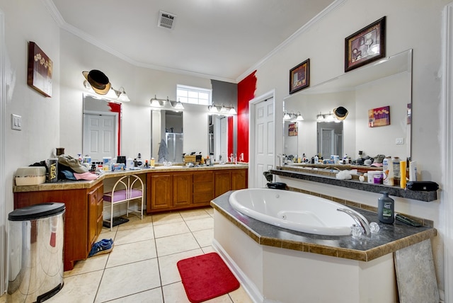 bathroom featuring tile patterned flooring, a tub to relax in, crown molding, and vanity