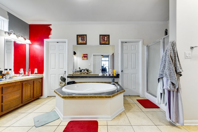 bathroom featuring crown molding, separate shower and tub, and tile patterned floors