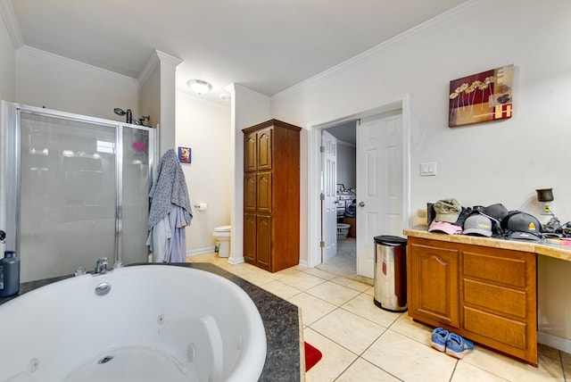 bathroom with crown molding, toilet, independent shower and bath, and tile patterned flooring