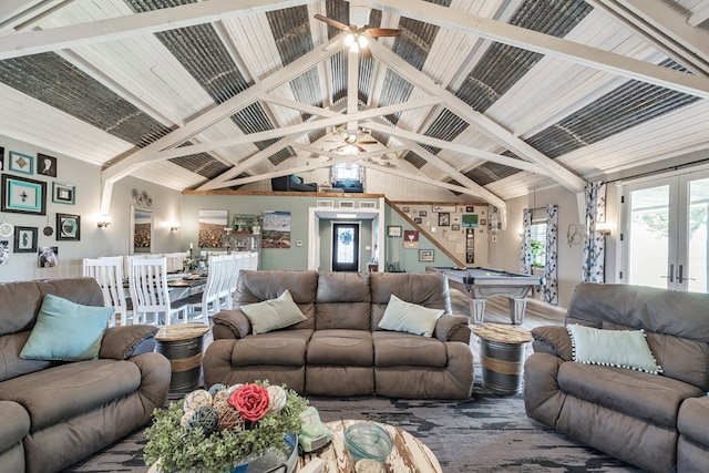 living room with beam ceiling, french doors, high vaulted ceiling, and billiards