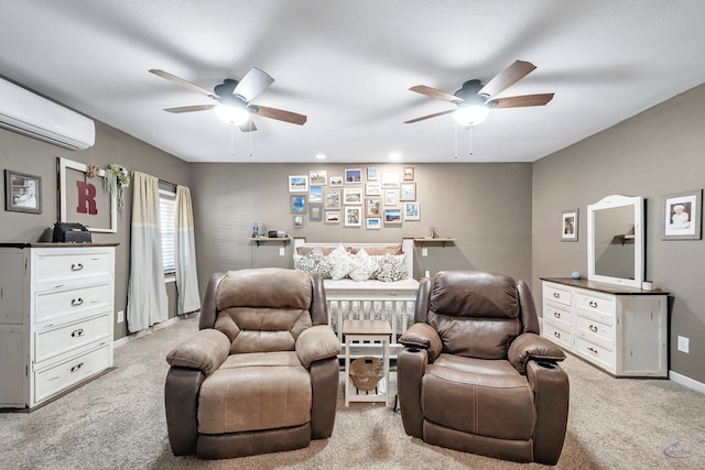 carpeted bedroom featuring a wall mounted AC, ceiling fan, and a textured ceiling