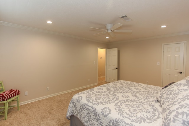 bedroom with light carpet, ornamental molding, and ceiling fan