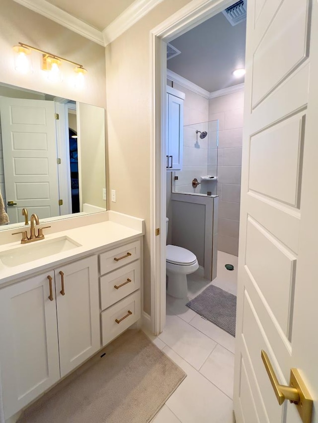 full bathroom with visible vents, tiled shower, toilet, tile patterned floors, and crown molding